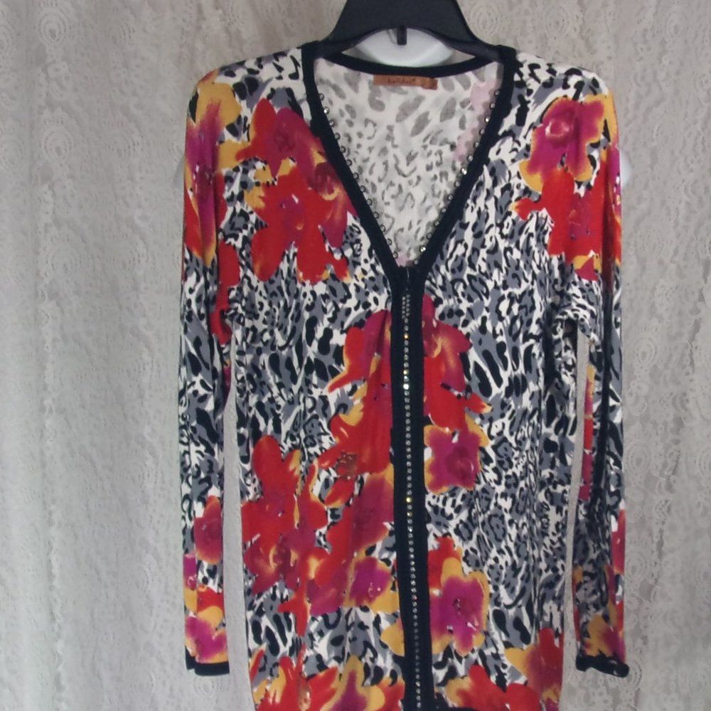 Belldini Knit Floral Print Red Black Crystal Bling Zipper